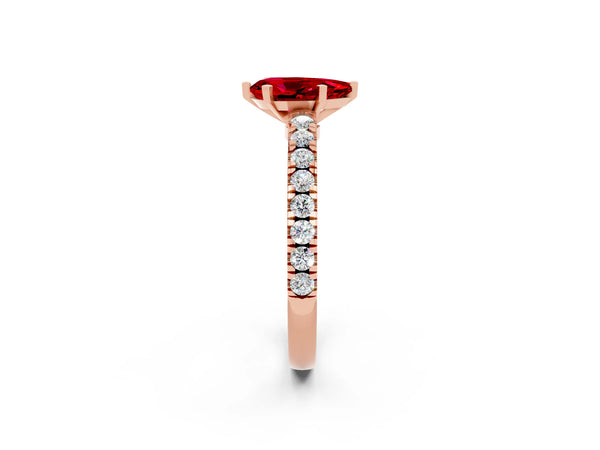 Rose gold Pear Cut Solitaire Ruby with Pavé Band and Four-Prong Setting