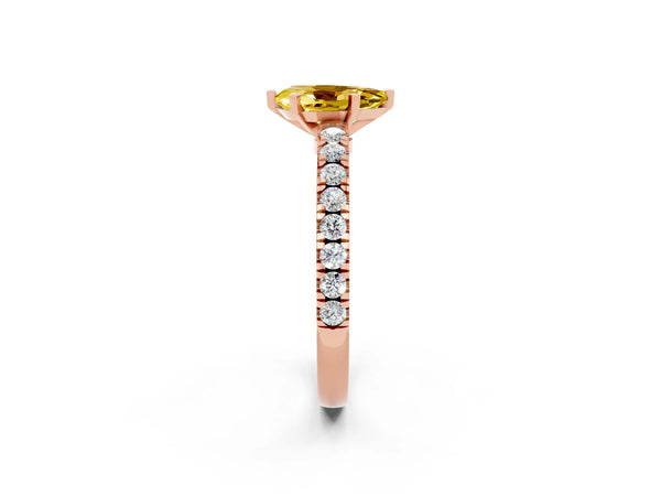 Rose gold Pear Cut Solitaire Yellow Sapphire with Pavé Band and Four-Prong Setting