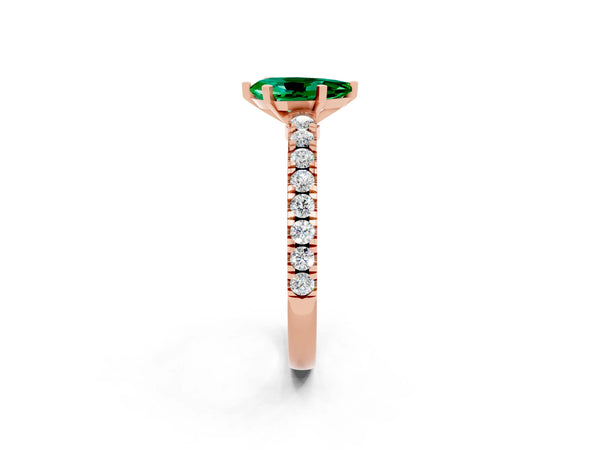 Rose gold Pear Cut Solitaire Emerald with Pavé Band and Four-Prong Setting
