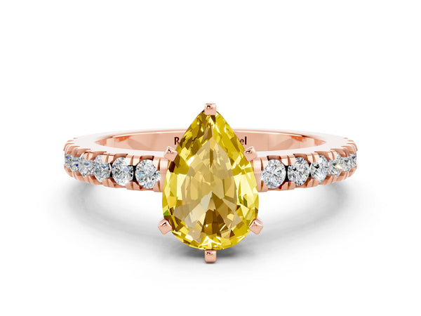 Rose gold Pear Cut Solitaire Yellow Sapphire with Pavé Band and Four-Prong Setting