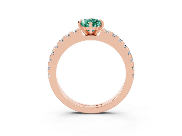 Rose gold Pear Cut Solitaire Green Sapphire with Pavé Band and Four-Prong Setting