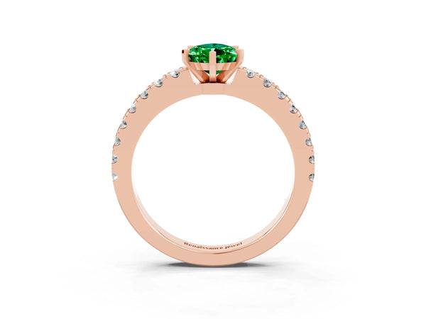 Rose gold Pear Cut Solitaire Emerald with Pavé Band and Four-Prong Setting