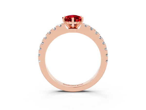 Rose gold Pear Cut Solitaire Ruby with Pavé Band and Four-Prong Setting