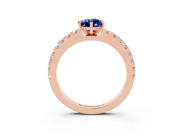 Rose gold Pear Cut Solitaire Blue Sapphire with Pavé Band and Four-Prong Setting