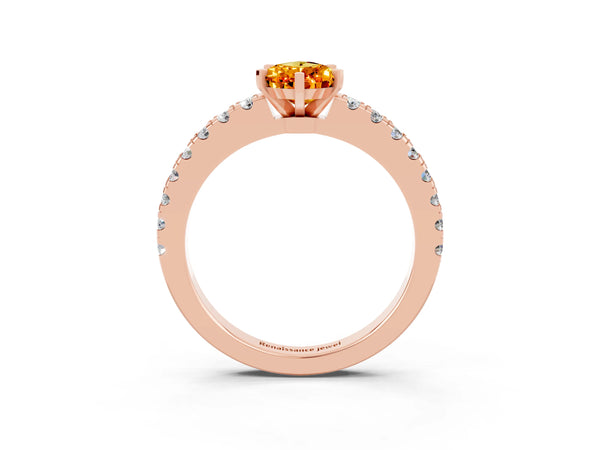Rose gold Pear Cut Solitaire Citrine with Pavé Band and Four-Prong Setting