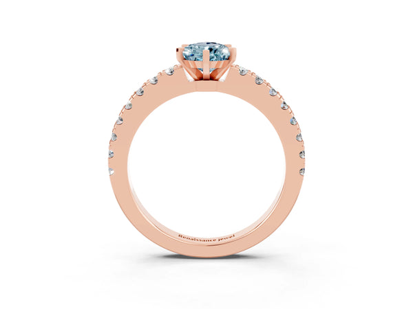 Rose gold Pear Cut Solitaire Aquamarine with Pavé Band and Four-Prong Setting