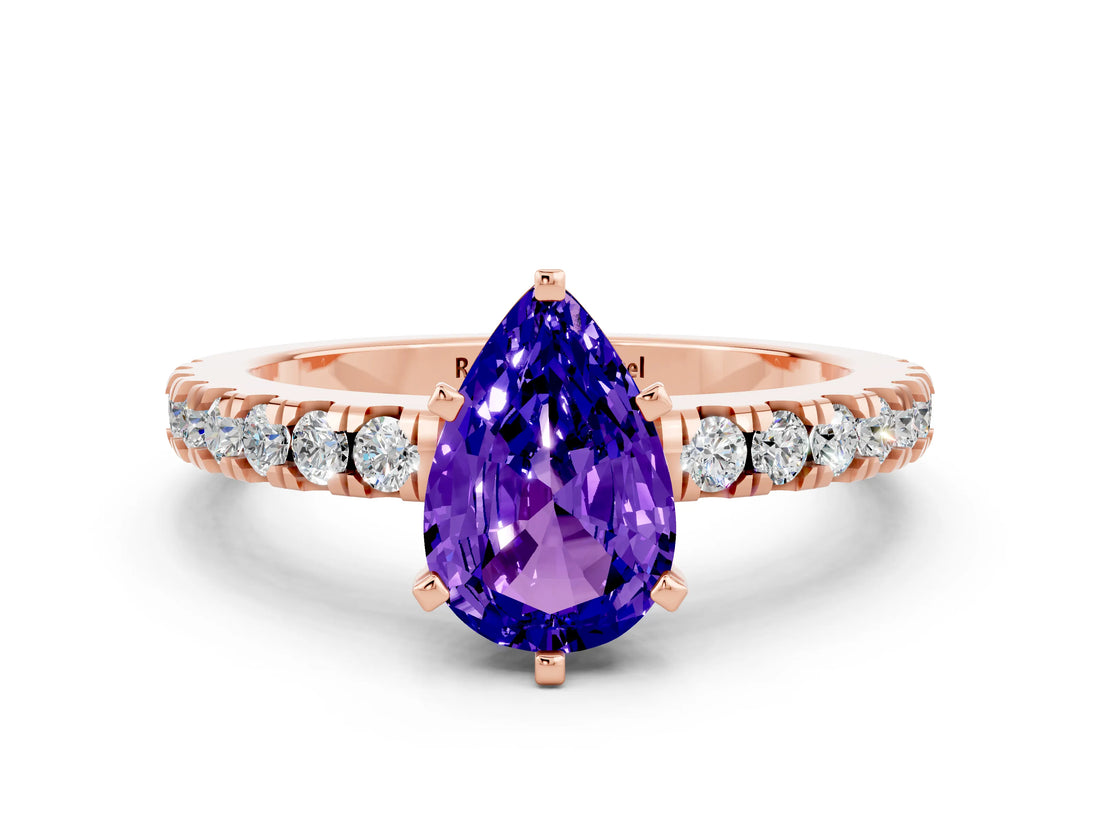 Rose gold Pear Cut Solitaire Diamond with Pavé Band and Four-Prong Setting