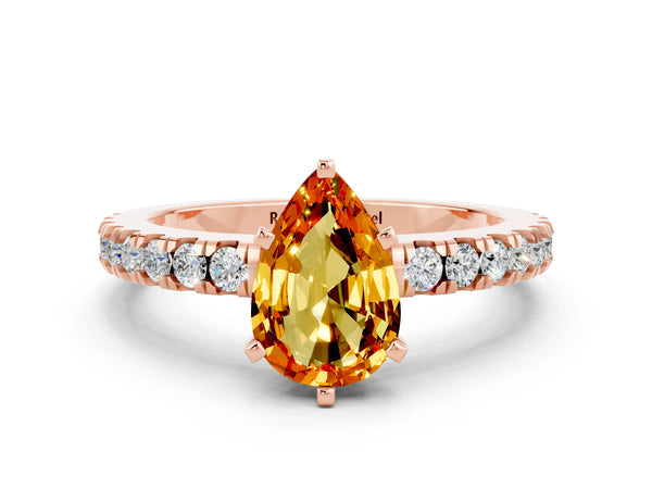 Rose gold Pear Cut Solitaire Citrine with Pavé Band and Four-Prong Setting