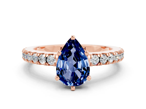 Rose gold Pear Cut Solitaire Blue Sapphire with Pavé Band and Four-Prong Setting