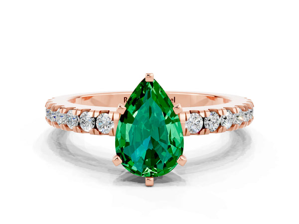 Rose gold Pear Cut Solitaire Emerald with Pavé Band and Four-Prong Setting