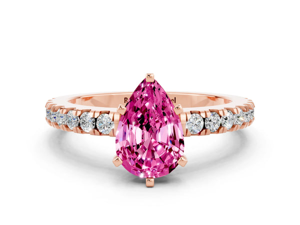 Rose gold Pear Cut Solitaire Pink Sapphire with Pavé Band and Four-Prong Setting