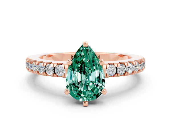 Rose gold Pear Cut Solitaire Green Sapphire with Pavé Band and Four-Prong Setting