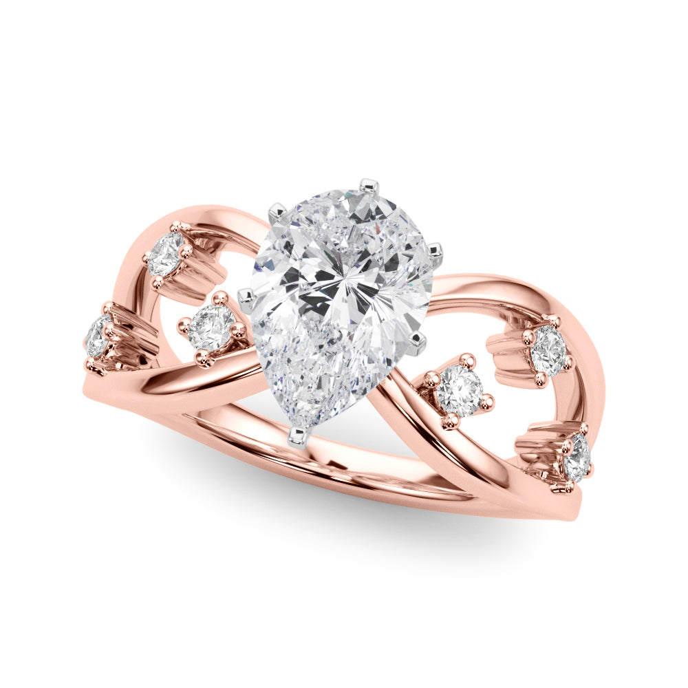 Rose gold Pear Cut Solitaire Diamond with Side Stones on Criss-Cross Band and Four-Prong Setting