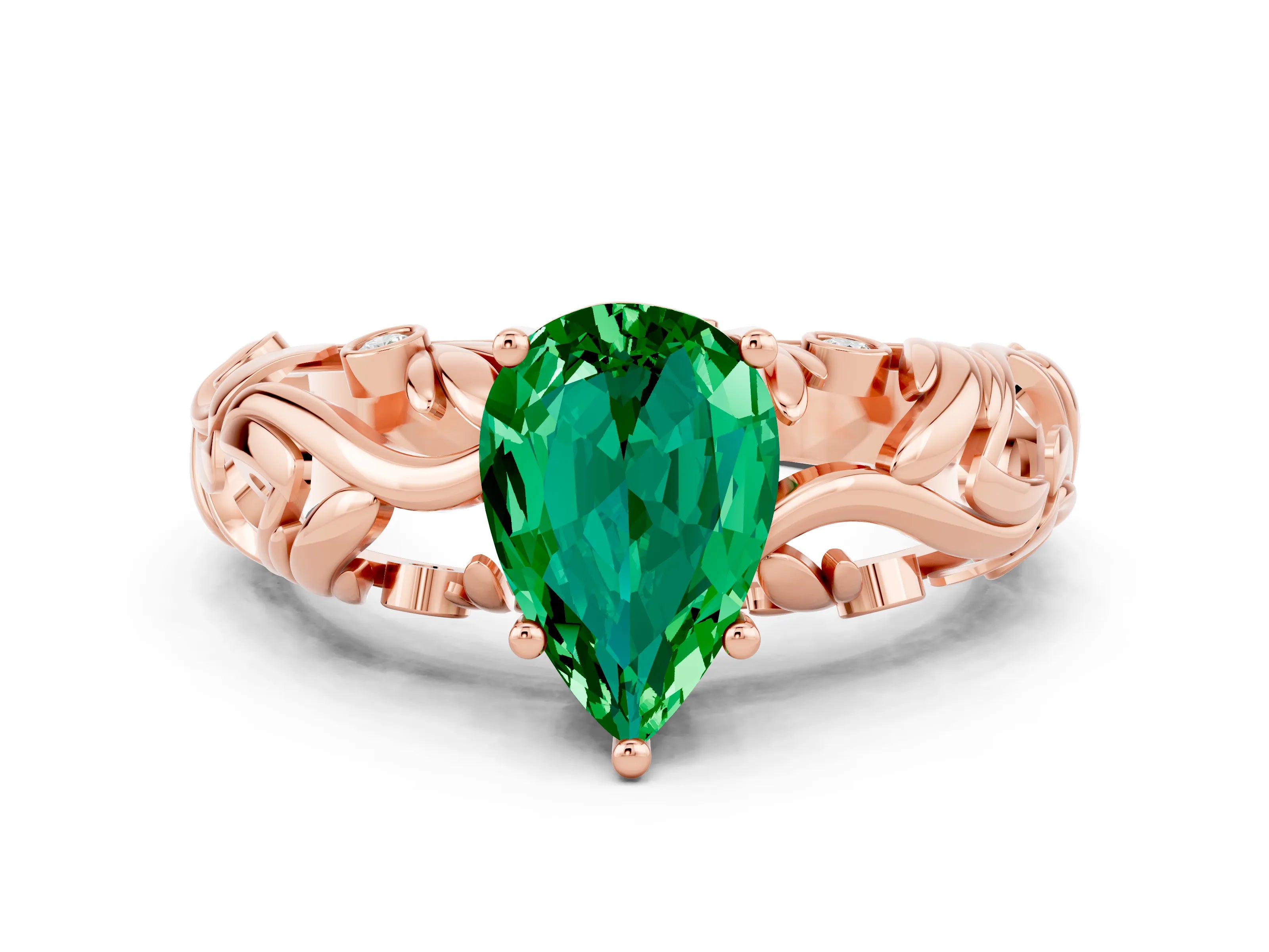 Rose gold Pear Cut Solitaire Emerald Leaf-Inspired Vine Band Ring with Prong Setting