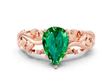 Rose gold Pear Cut Solitaire Emerald Leaf-Inspired Vine Band Ring with Prong Setting