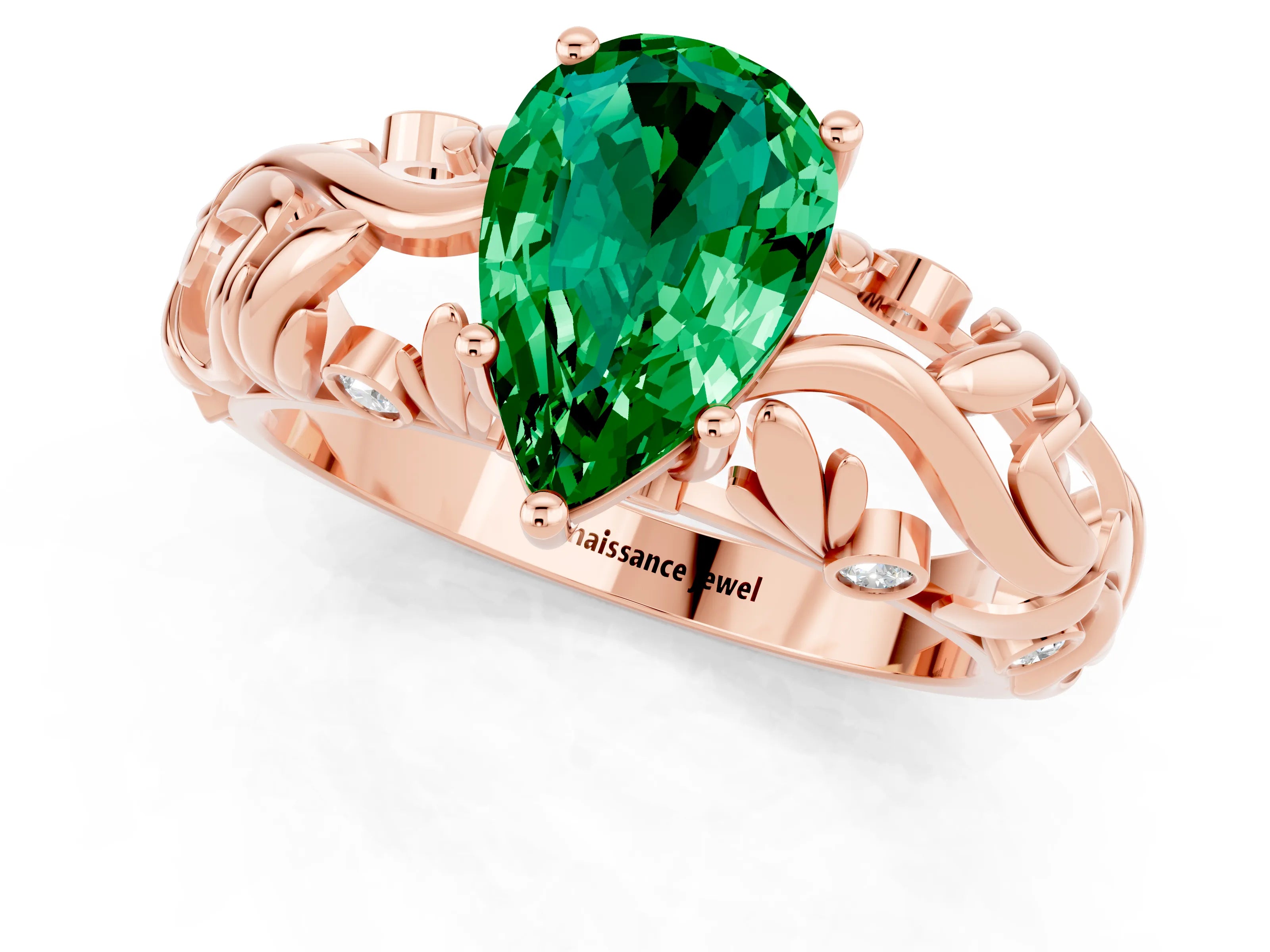 Rose gold Pear Cut Solitaire Emerald Leaf-Inspired Vine Band Ring with Prong Setting_1