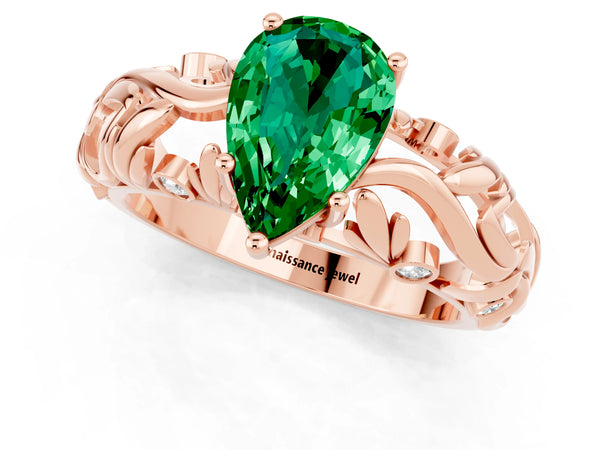 Rose gold Pear Cut Solitaire Emerald Leaf-Inspired Vine Band Ring with Prong Setting