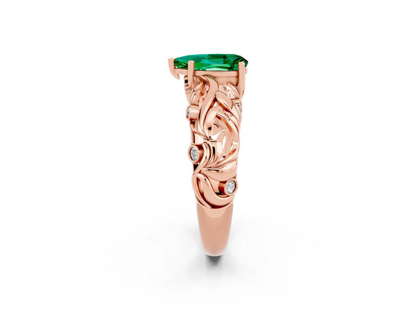 Rose gold Pear Cut Solitaire Emerald Leaf-Inspired Vine Band Ring with Prong Setting
