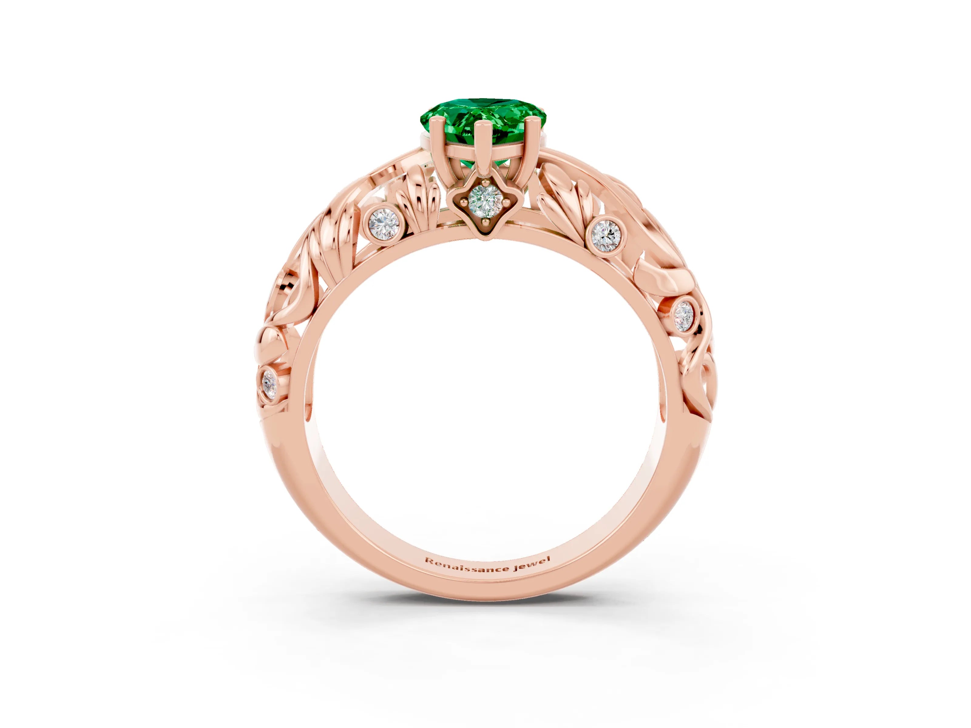 Rose gold Pear Cut Solitaire Emerald Leaf-Inspired Vine Band Ring with Prong Setting_3