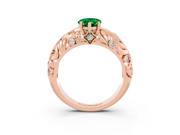 Rose gold Pear Cut Solitaire Emerald Leaf-Inspired Vine Band Ring with Prong Setting
