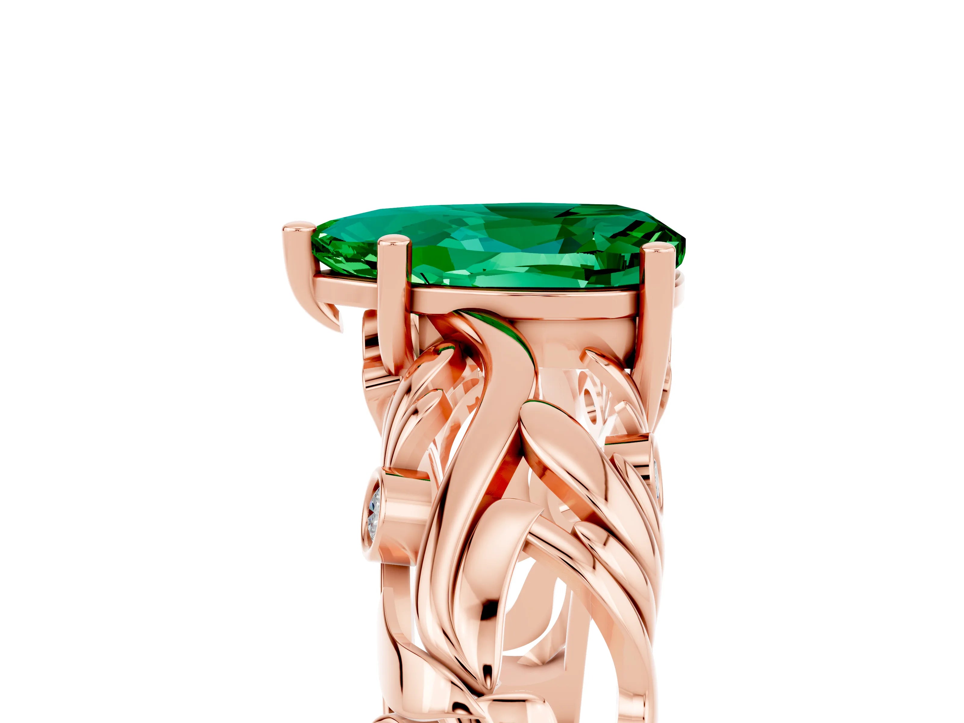 Rose gold Pear Cut Solitaire Emerald Leaf-Inspired Vine Band Ring with Prong Setting_5
