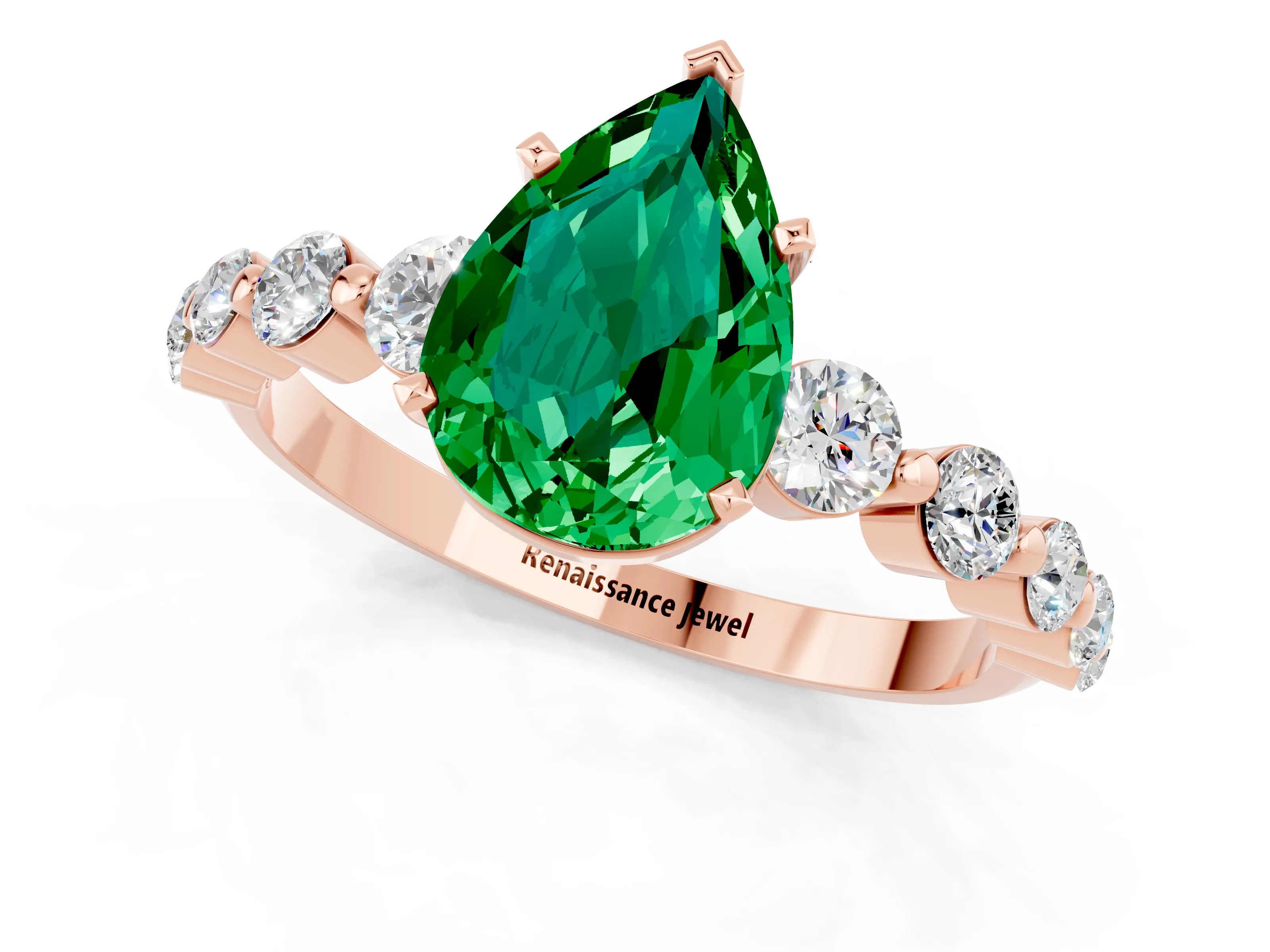 Rose gold Pear Cut Solitaire Emerald Ring with Pave Band and Four-Prong Setting_1