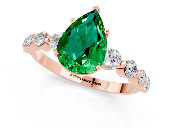 Rose gold Pear Cut Solitaire Emerald Ring with Pave Band and Four-Prong Setting