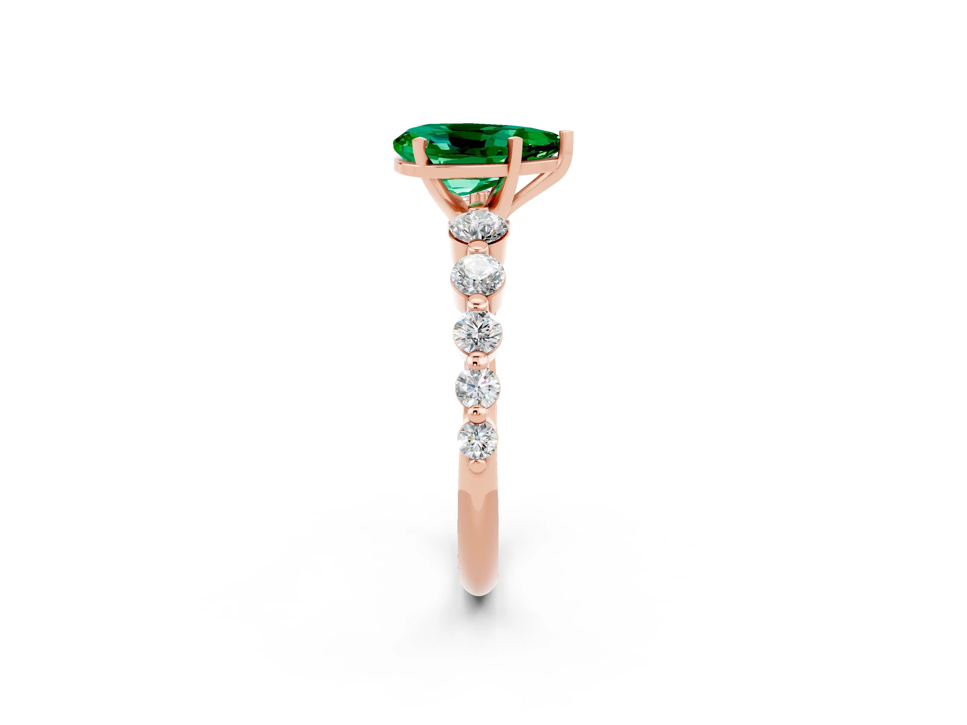 Rose gold Pear Cut Solitaire Emerald Ring with Pave Band and Four-Prong Setting_2