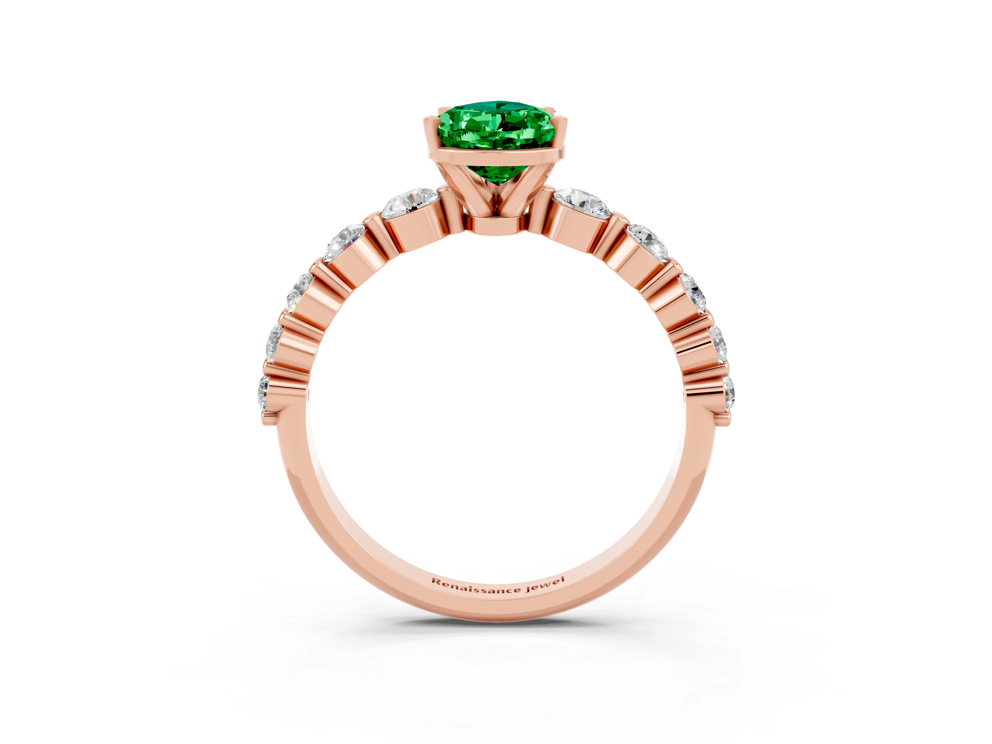 Rose gold Pear Cut Solitaire Emerald Ring with Pave Band and Four-Prong Setting_3