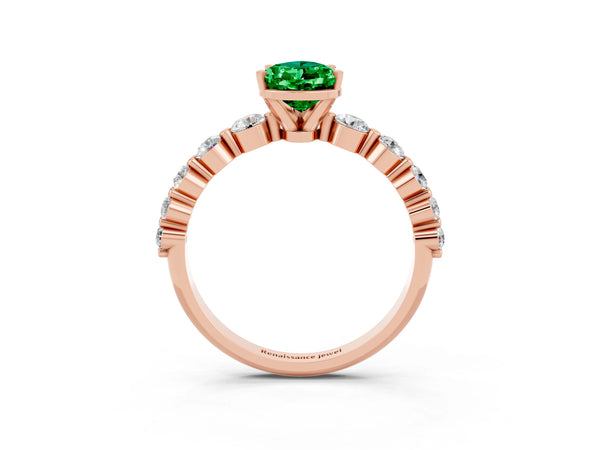Rose gold Pear Cut Solitaire Emerald Ring with Pave Band and Four-Prong Setting
