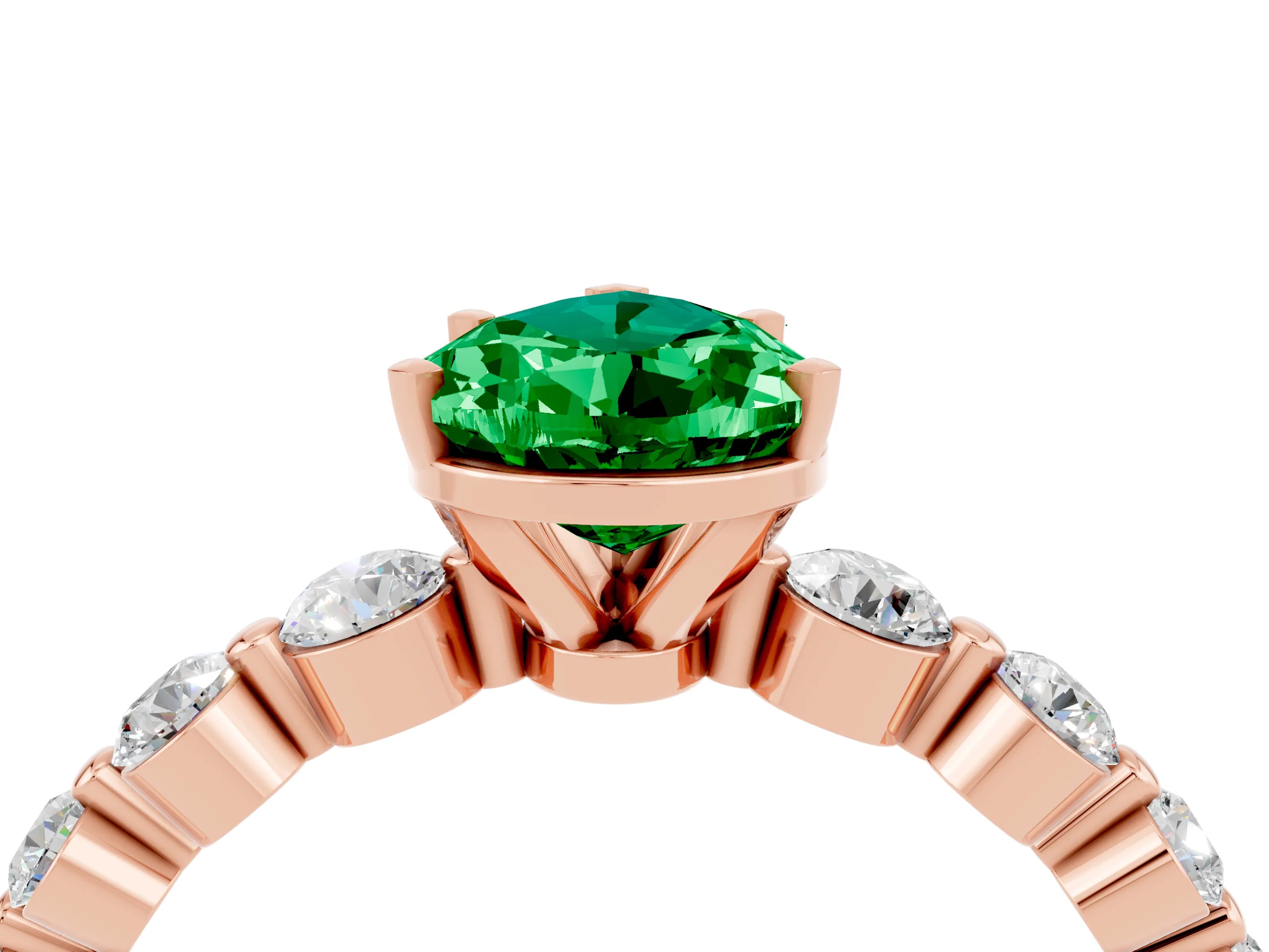 Rose gold Pear Cut Solitaire Emerald Ring with Pave Band and Four-Prong Setting_4