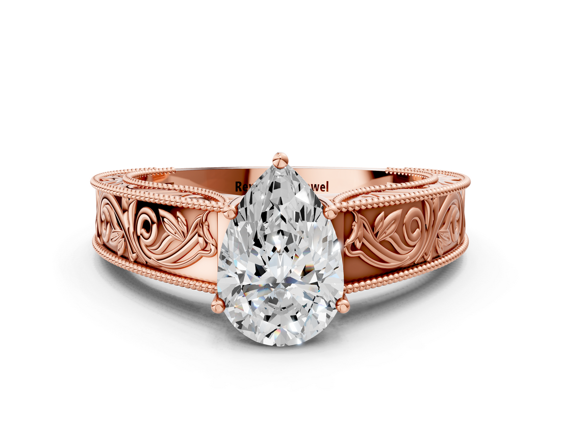Rose gold Pear Cut Solitaire Engraved Band with Four-Prong Setting_62