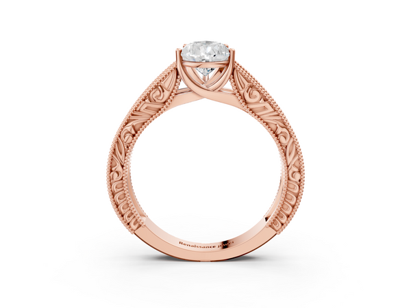 Rose gold Pear Cut Diamond Solitaire Ring with Engraved Band and Four-Prong Setting