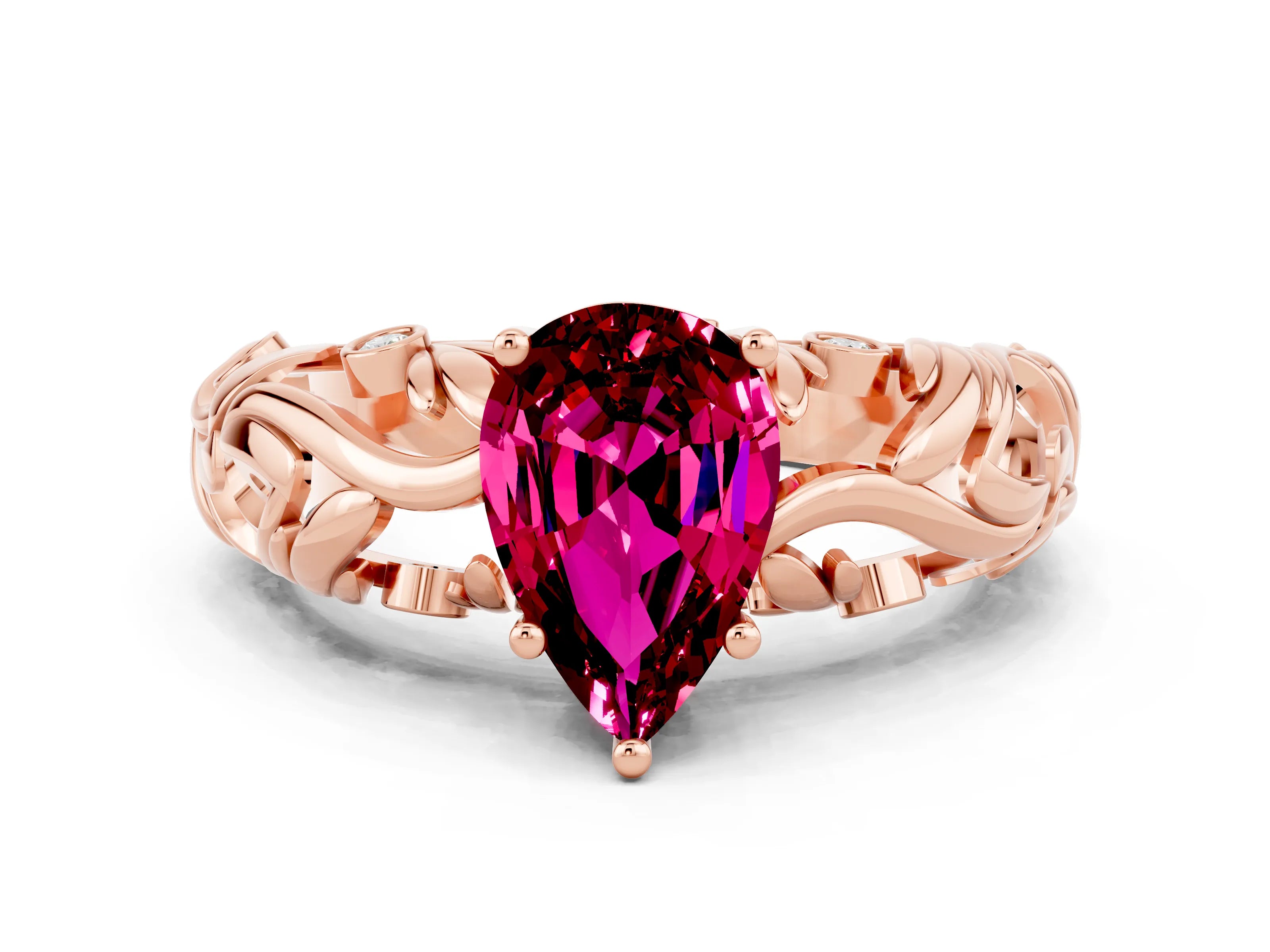 Rose gold Pear Cut Solitaire Garnet Leaf-Inspired Vine Band Ring with Prong Setting
