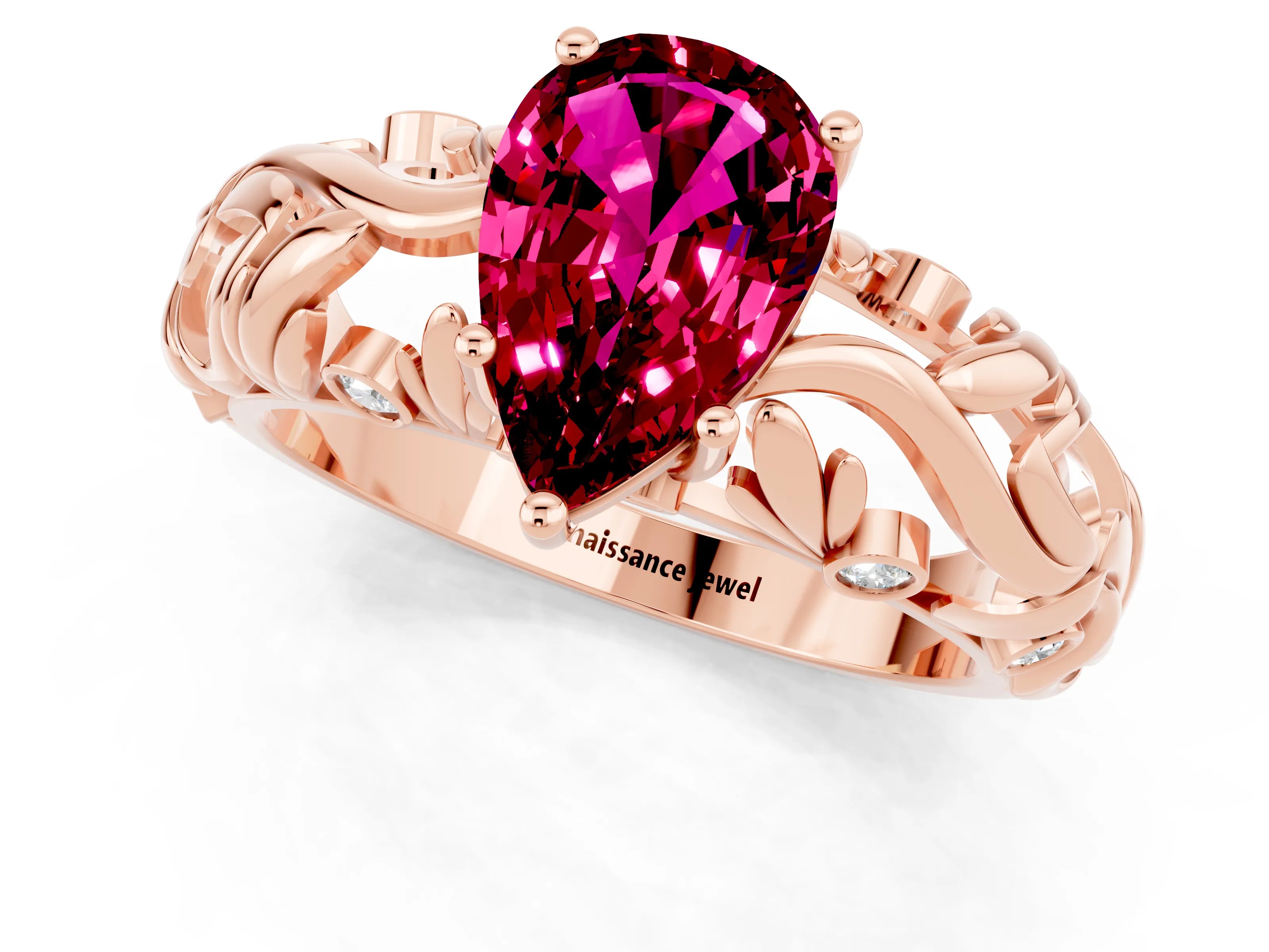 Rose gold Pear Cut Solitaire Garnet Leaf-Inspired Vine Band Ring with Prong Setting_1