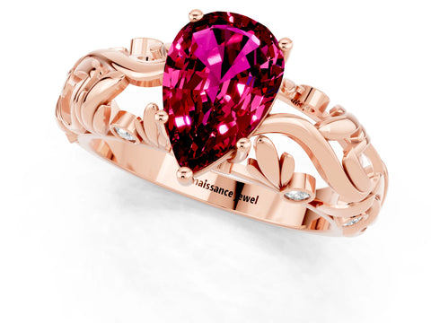 Rose gold Pear Cut Solitaire Garnet Leaf-Inspired Vine Band Ring with Prong Setting_1