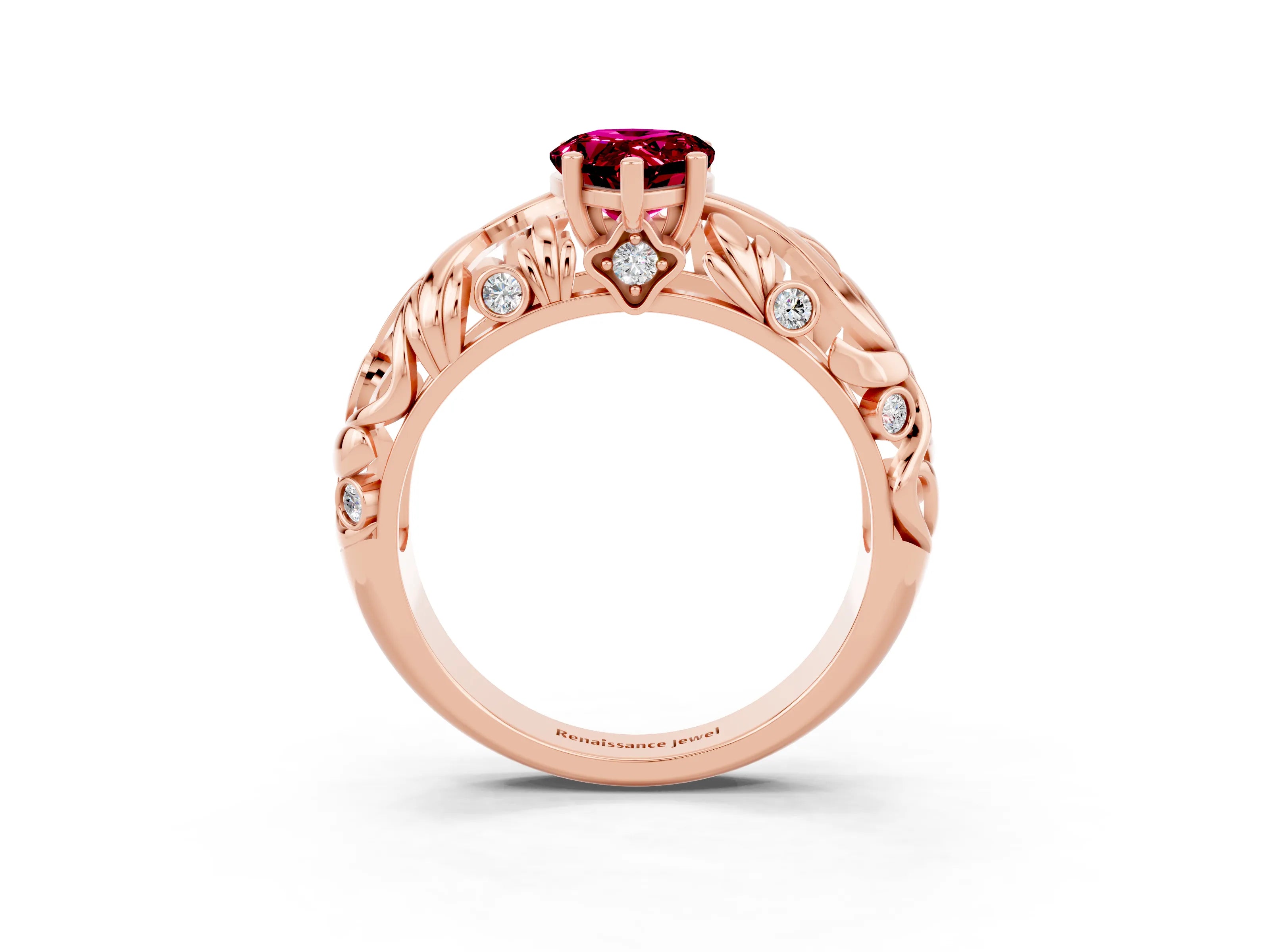 Rose gold Pear Cut Solitaire Garnet Leaf-Inspired Vine Band Ring with Prong Setting_3
