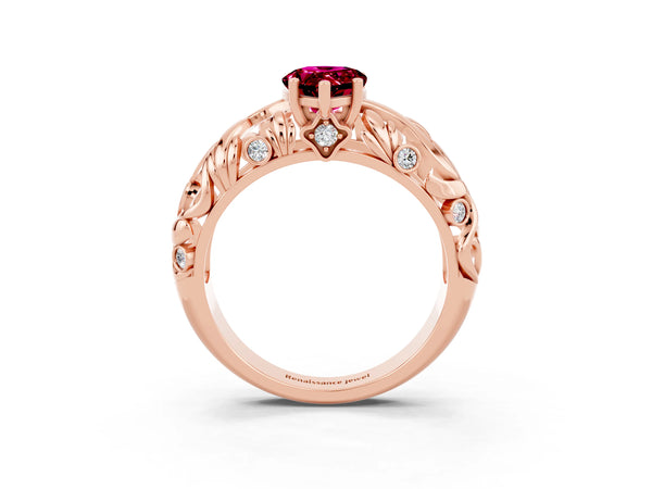 Rose gold Pear Cut Solitaire Garnet Leaf-Inspired Vine Band Ring with Prong Setting