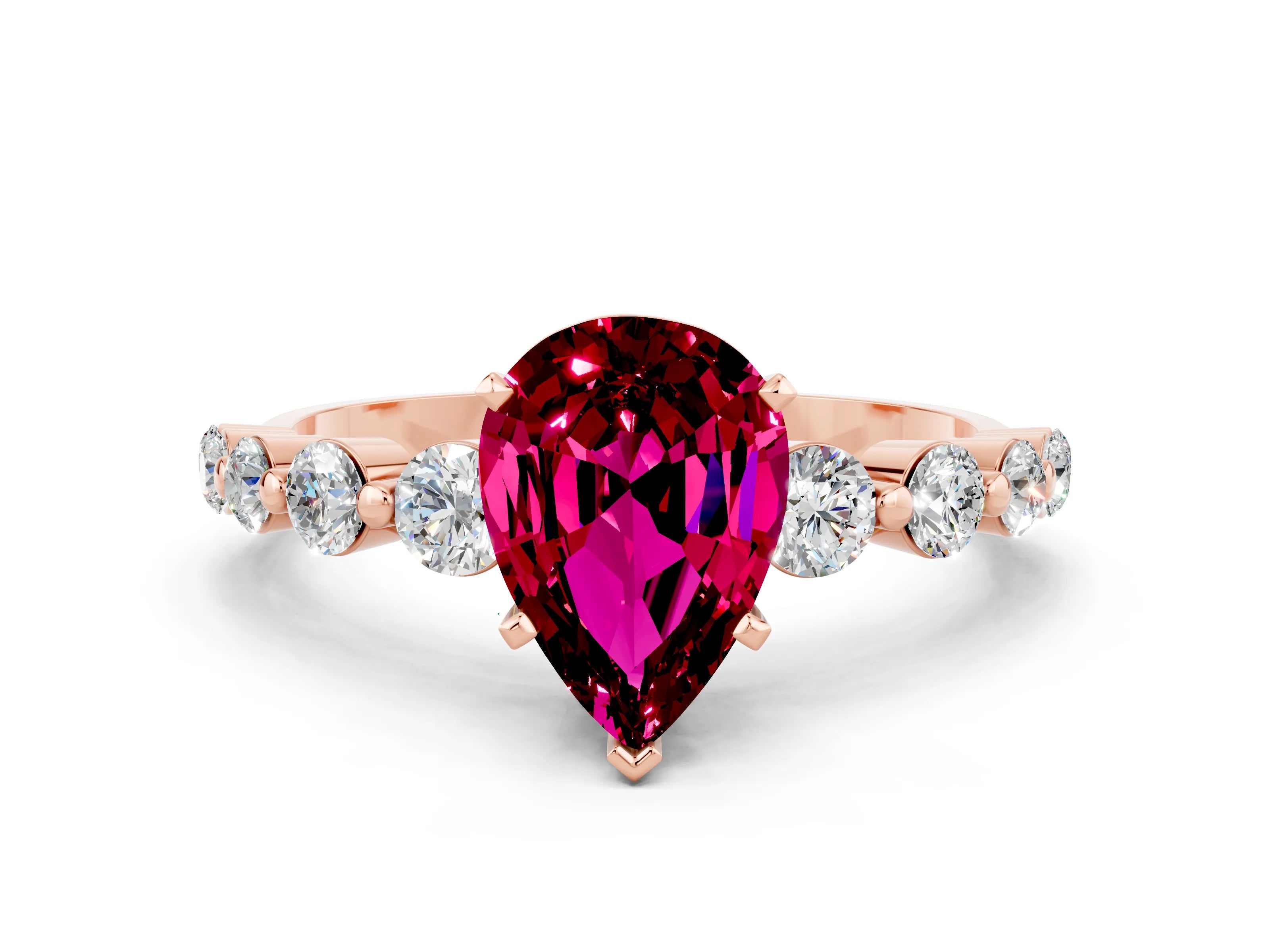 Rose gold Pear Cut Solitaire Garnet Ring with Pave Band and Four-Prong Setting