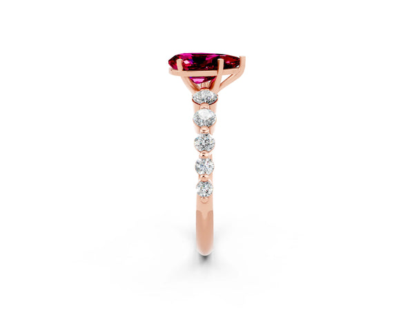 Rose gold Pear Cut Solitaire Garnet Ring with Pave Band and Four-Prong Setting