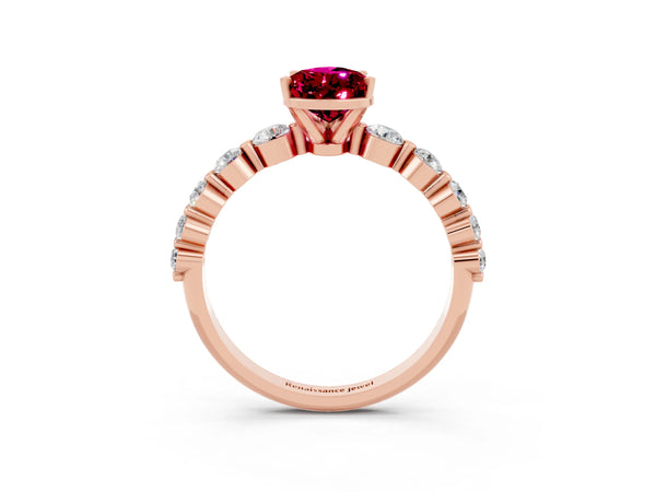 Rose gold Pear Cut Solitaire Garnet Ring with Pave Band and Four-Prong Setting