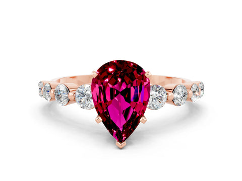 Rose gold Pear Cut Solitaire Garnet Ring with Pave Band and Four-Prong Setting