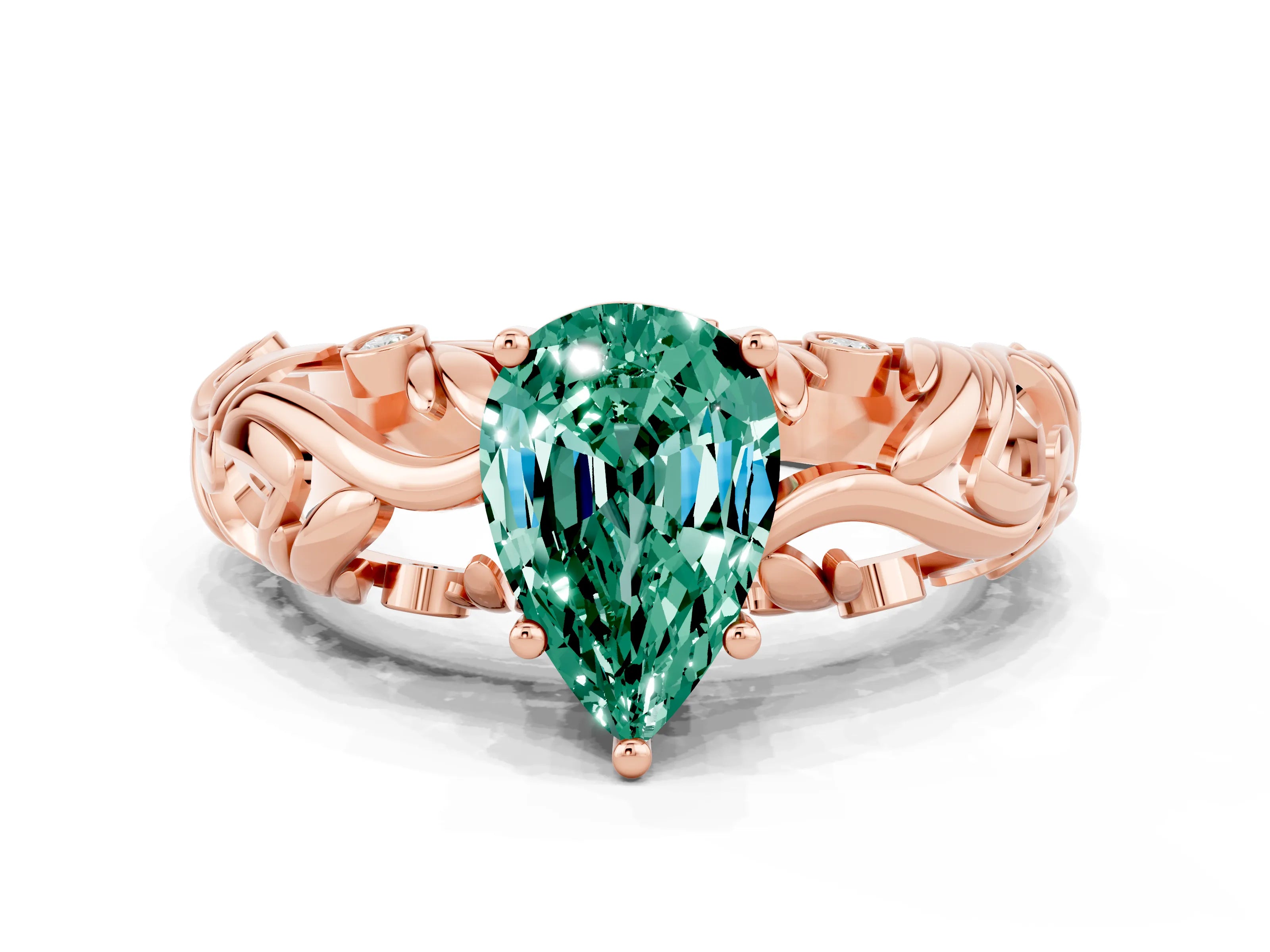 Rose gold Pear Cut Solitaire Green Sapphire Leaf-Inspired Vine Band Ring with Prong Setting