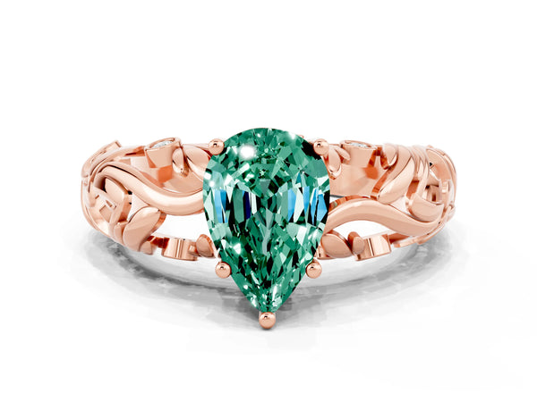 Rose gold Pear Cut Solitaire Green Sapphire Leaf-Inspired Vine Band Ring with Prong Setting