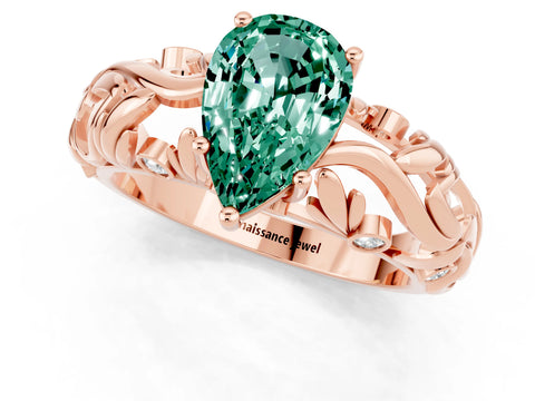 Rose gold Pear Cut Solitaire Green Sapphire Leaf-Inspired Vine Band Ring with Prong Setting_1
