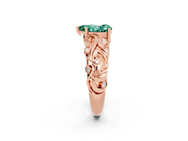 Rose gold Pear Cut Solitaire Green Sapphire Leaf-Inspired Vine Band Ring with Prong Setting