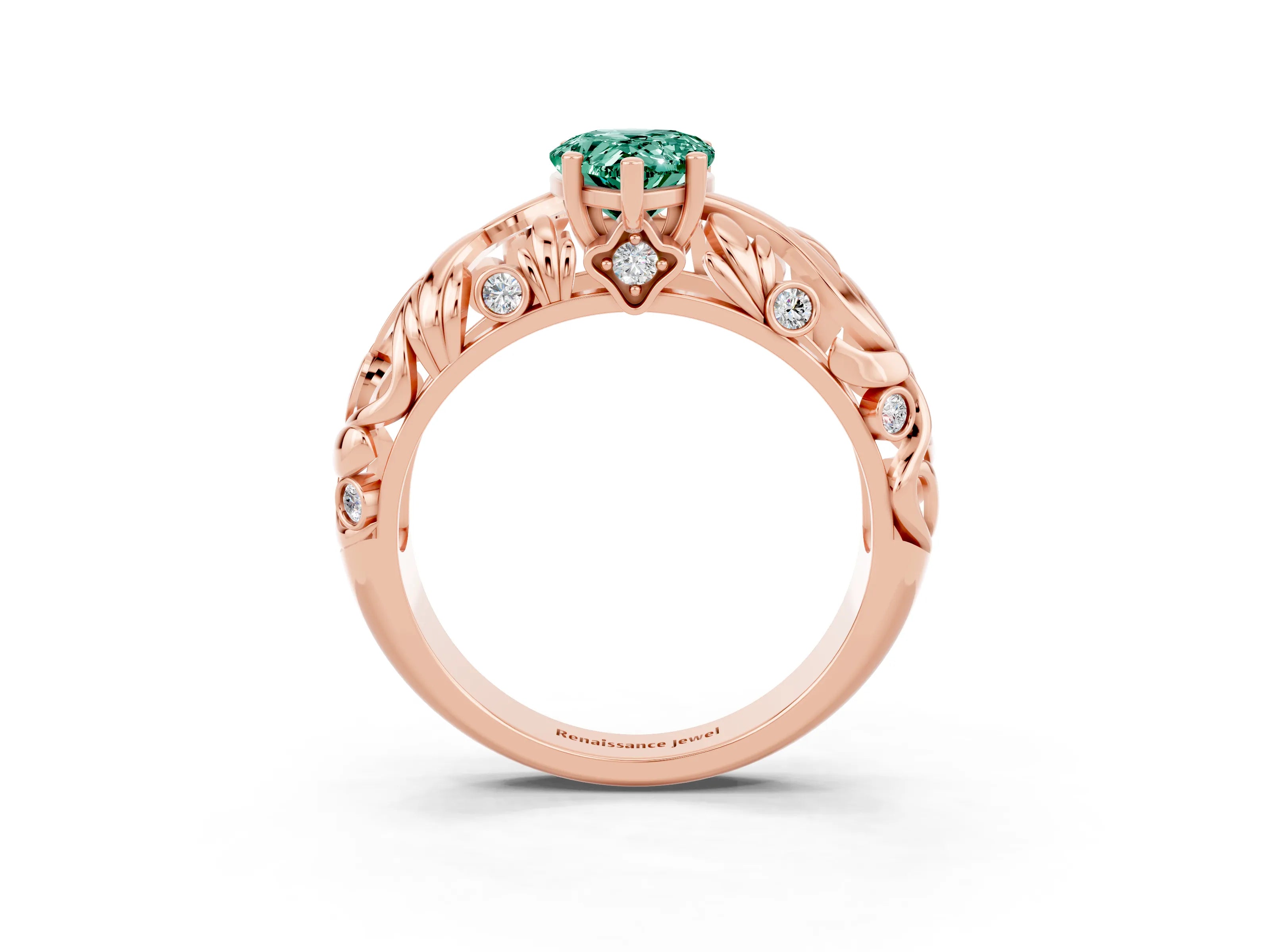 Rose gold Pear Cut Solitaire Green Sapphire Leaf-Inspired Vine Band Ring with Prong Setting_3