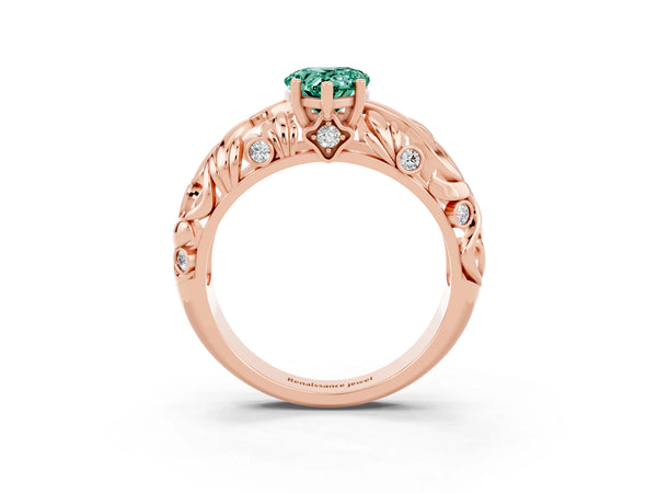 Rose gold Pear Cut Solitaire Green Sapphire Leaf-Inspired Vine Band Ring with Prong Setting