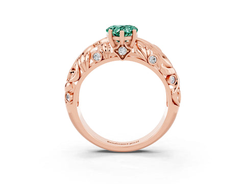 Rose gold Pear Cut Solitaire Green Sapphire Leaf-Inspired Vine Band Ring with Prong Setting_3