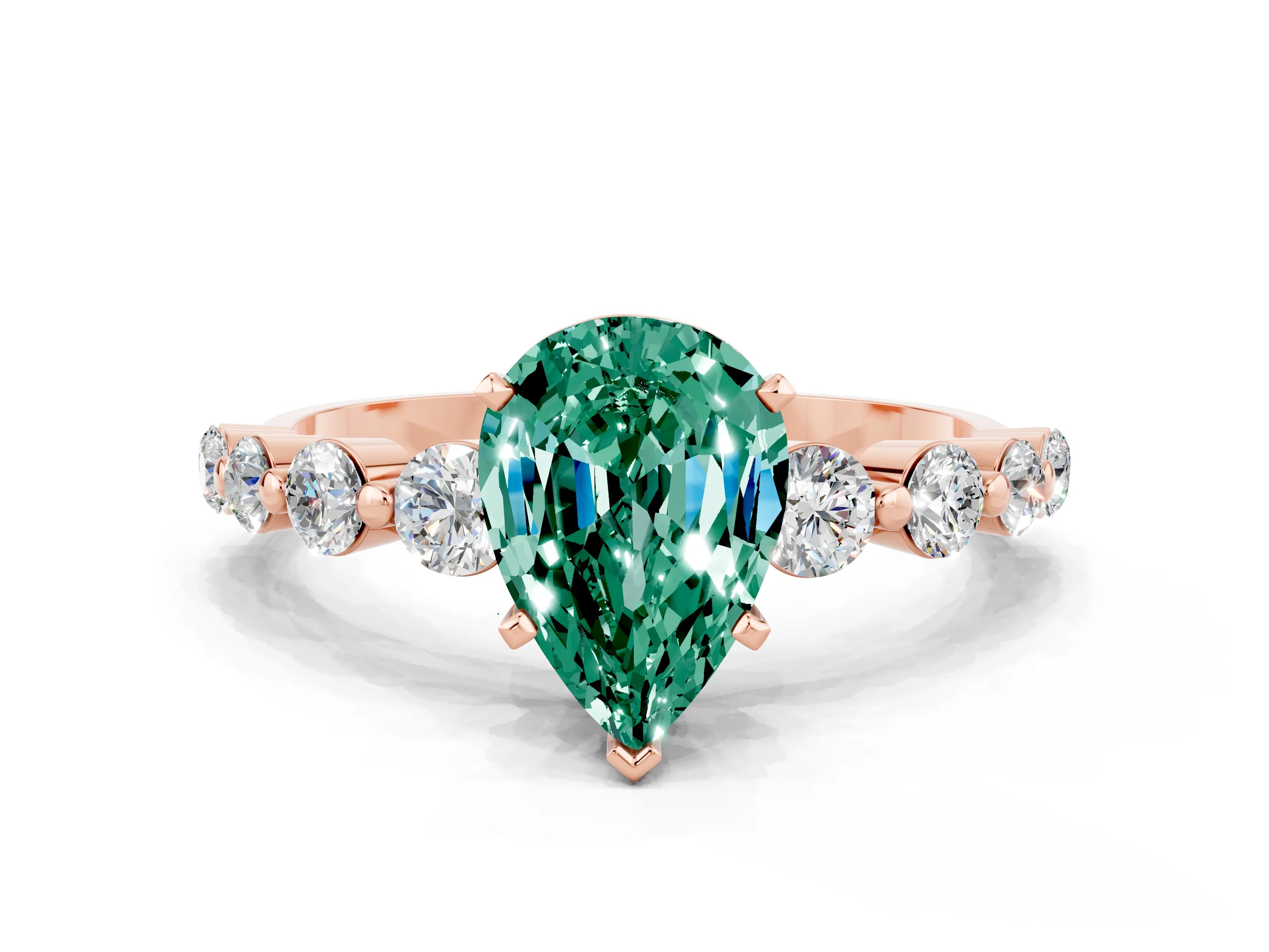 Rose gold Pear Cut Solitaire Green Sapphire Ring with Pave Band and Four-Prong Setting